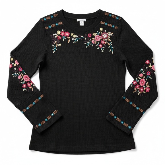 Sundance Tops - Sundance Black Floral Embroidered Thermal Waffle Knit Top Velvet Cuff M